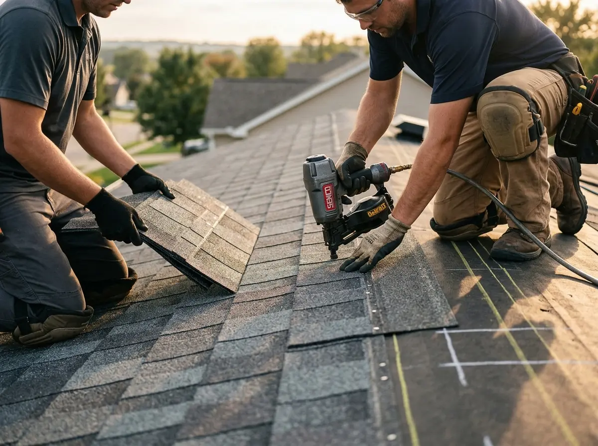 Professional roofer working on a residential roof in Suffield